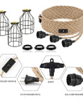 Three Light Plug In Pendant With Hemp Rope And Metal Cage Shades, 27 Feet Adjustable Twisted Rope Hanging Lighting components