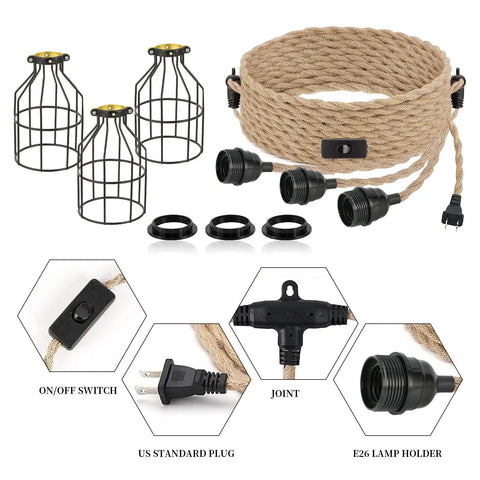 Three Light Plug In Pendant With Hemp Rope And Metal Cage Shades, 27 Feet Adjustable Twisted Rope Hanging Lighting components