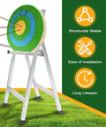 Foldable Archery Target Stand For Backyard Practice with round target, arrows stuck, and feature icons on right