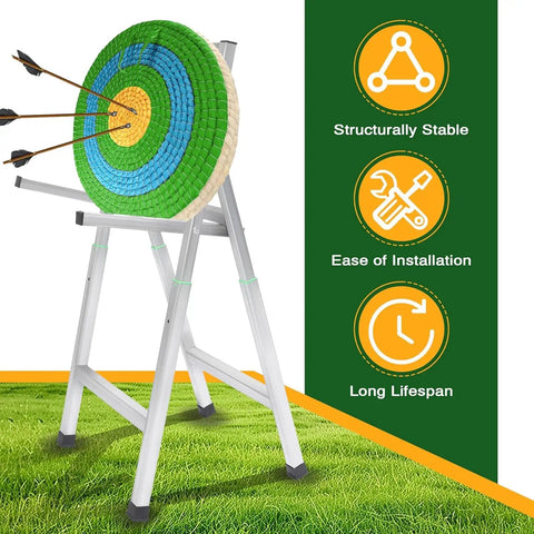 Foldable Archery Target Stand For Backyard Practice with round target, arrows stuck, and feature icons on right