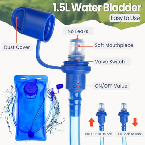 1.5L water bladder features for 3 Piece Kids Hydration Backpack Set With A One And A Half Liter Water Bladder, Lightweight