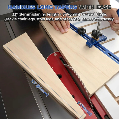 Top Tier Taper And Straight Line Jig For Table Saws With 37 Inch Miter Bar Steel Fence and Beefy Hold Down Clamps for precise tapered cuts.