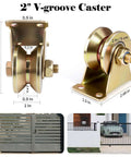 Front and side views of 2-inch V-groove gate caster with bracket and base plate; pack of 4.