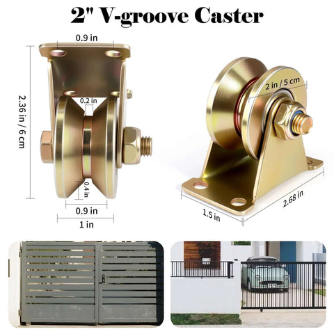Front and side views of 2-inch V-groove gate caster with bracket and base plate; pack of 4.