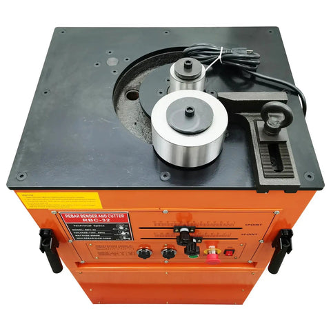 Heavy Duty Electric Rebar Bender And Automatic Steel Bar Cutter Machine Boasts A Tough Iron Build 110 Volt 3 Kilowatt Motor top view with metal rollers.