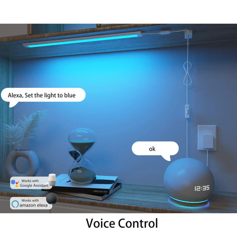 Smart Under Cabinet Lighting Kit Hardwired Or Plug In 12 Inch With White To Color Ambiance in blue, Alexa control, kitchen setup