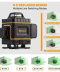 Laser Level 4x360 Degree Self Leveling With Tripod And Remote High Precision Auto Level 150 Ft Range Tilt Alarm One Eighth Inch Accuracy At 33 Ft 360 Degree Laser Lines For Indoor Construction And DIY Projects, black and gold unit with 4x360° laser modes