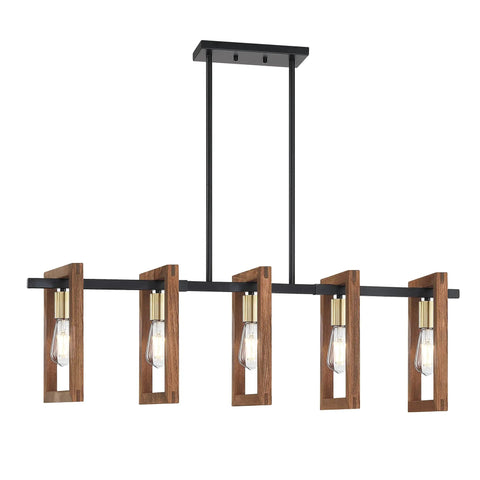 Five Light Farmhouse Chandelier With Hand Painted Wood Accents And Black Finish Rustic Semi Flush Mount Ceiling Light Fixture For Foyer Dining Room Kitchen Island And Hallway, front view
