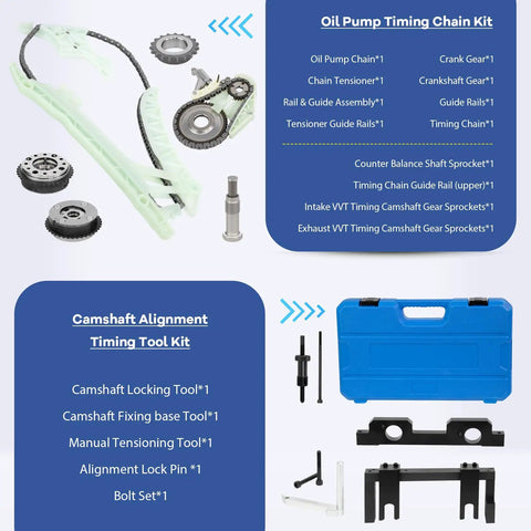 Engine Oil Pump And Timing Chain Kit With 2 VVT Gears And Camshaft Alignment Tool For BMW N20 N26 2.0L 3.0L components displayed