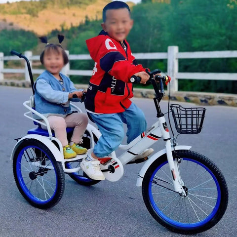 Children riding Dual Rider Trike With Rear Passenger Seat Outdoor Three-Wheel Pedal Tricycle With Pneumatic Tires Spoke Wheels