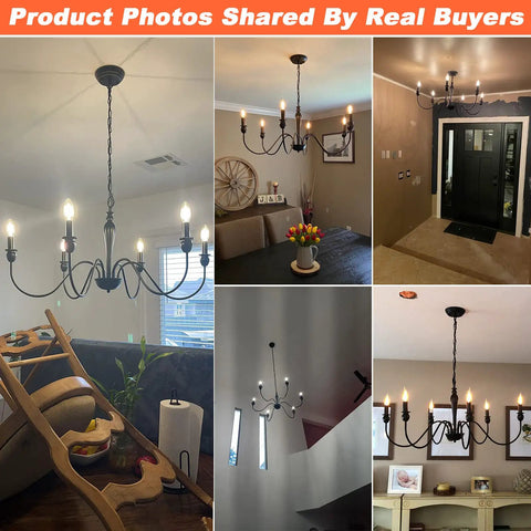 Six Light Black Modern Farmhouse Chandelier With Rustic Vintage Candle Iron Arms In Matte Black Finish in various rooms