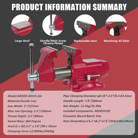 Beast 5 Inch Bench Vise With 360 Degree Swivel Base And 5-1/2 Inch Jaw Opening, showing large anvil and replaceable jaws.