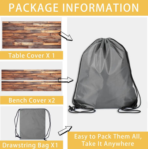 Beast Waterproof Outdoor Picnic Table Cover With Bench Covers 3 Piece Set Reusable Elastic Fitted Drawstring Bag For Rustic Wood Style Tables And Seats 30 By 72 Inches RV Camping package contents.