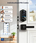 Top Shelf Fingerprint Smart Lock With Heavy Duty Lever Handles Set In Matte Black showcasing individualized PIN codes display.