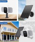 Two Pack Solar Panel Kit For Wireless Outdoor Security Cameras That Use 5V Micro USB Rechargeable Battery Power Keeps Wyze Cam And EufyCam 2 Pro And Similar Cameras Charged Outdoors All Day Weatherproof Three Point Five Watt Each Panel with camera and solar panel installation.