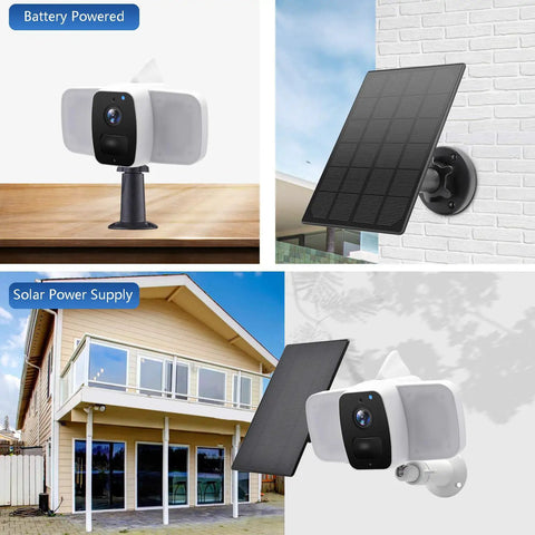 Two Pack Solar Panel Kit For Wireless Outdoor Security Cameras That Use 5V Micro USB Rechargeable Battery Power Keeps Wyze Cam And EufyCam 2 Pro And Similar Cameras Charged Outdoors All Day Weatherproof Three Point Five Watt Each Panel with camera and solar panel installation.