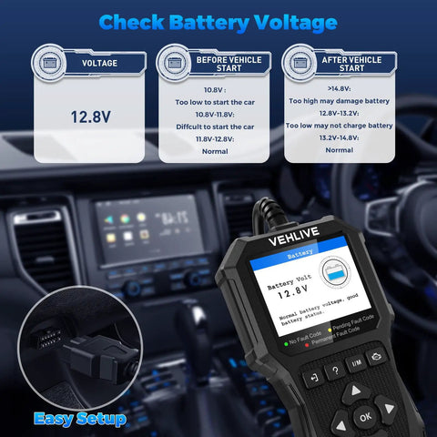 OBD2 Car Diagnostic Scanner With Battery Tester And Live Data displaying battery voltage of 12.8V