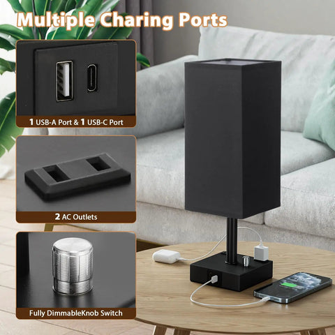 Black Fully Dimmable Nightstand Lamps Set Of 2 With USB C And USB A Ports, 2 AC Outlets, Square Linen Fabric Shade, Bedside Table Lamps