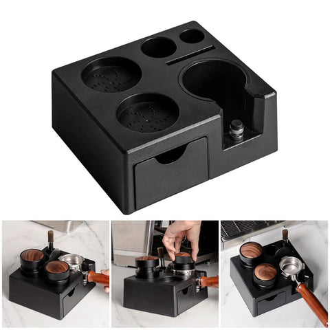 Slick Coffee Tamper Holder Portafilter Stand Tight Tamping Station Organizer For Home Baristas Built From Food Grade Abs, black storage.