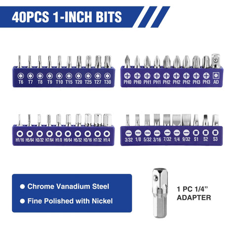 61 Piece Magnetic Screwdriver Bits And Nut Driver Set With Organizer Bag showing 40pcs 1-inch chrome vanadium bits.