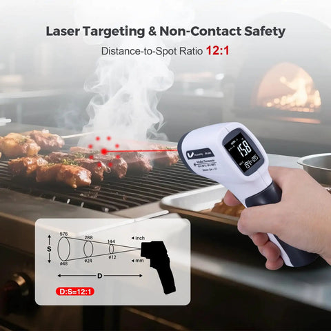 Infrared Temperature Gun For Meat And Auto Use With Adjustable Emissivity And High Low Alarms Digital Thermal Gun in use on grill