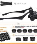 Head Mounted Magnifier With LED Light And 8 Interchangeable Lenses 2.5x To 25x shown with adjustable headband and multiple lenses