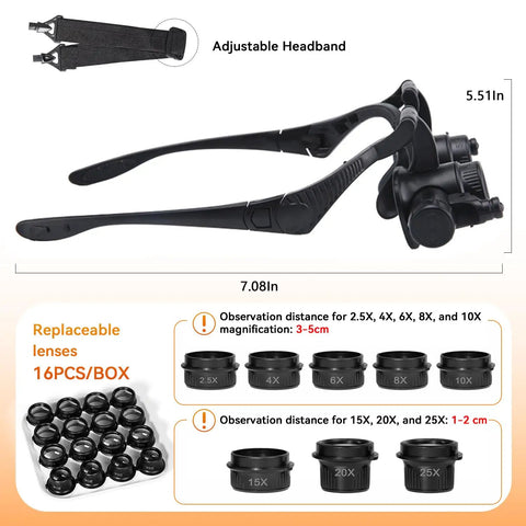 Head Mounted Magnifier With LED Light And 8 Interchangeable Lenses 2.5x To 25x shown with adjustable headband and multiple lenses