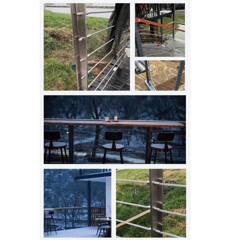 Built Tough 304 Stainless Steel Cable Railing Hardware Kit Featuring Thread Swage Tension End Fittings And Heavy Duty Toggle Anchors For 1/8 Inch Wire Rope Deck Installations, displayed on a deck with chairs.