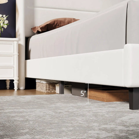 Game-Changing Queen Bed Frame With Dope White Velvet Wingback Headboard And Upholstered Platform Design Featuring Hardcore Metal Support And Thick Wood Slats For Solid Stability And Low-Key Luxury Vibes In Your Room, showing 5 inch clearance under bed.