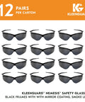 Boss Level Polycarbonate Safety Glasses With Mirror Tinted Smoke Lenses And Matte Black Frame Flat Out Comfortable Unisex Impact Resistant Eyewear For Crew Prepped Job Sites Pack Of 144, displayed in a carton of 12 pairs.