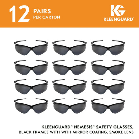 Boss Level Polycarbonate Safety Glasses With Mirror Tinted Smoke Lenses And Matte Black Frame Flat Out Comfortable Unisex Impact Resistant Eyewear For Crew Prepped Job Sites Pack Of 144, displayed in a carton of 12 pairs.