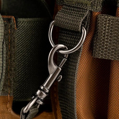 Rear Guard Pouch With FlapFit For Tools, A 5-Pocket Utility Organizer From Original Series 54120, Durable Brown close-up of metal clip