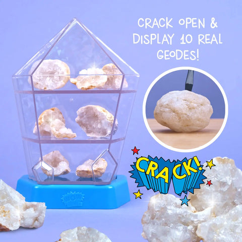 Real Break Open Crystal Geodes Kit With Display Case And Bonus Goggles And Magnifying Glass Companion Audio Content STEM Toy For Kids 6 Plus To Dig Explore Collect And Show Off Their Geode Finds.
