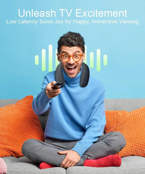 Person wearing Wireless Neckband Speaker With 360 Degree Surround Sound And No Lag For Gaming And TV, using remote on sofa.