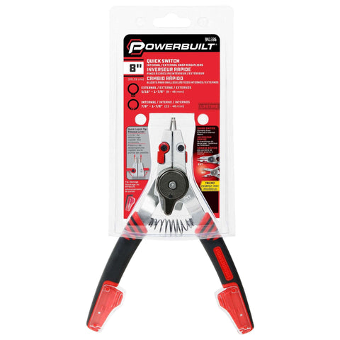 Two In One Snap Ring Pliers With Internal External Switch Reversible Design For Tool Free Quick Remove And Install Works On Internal Rings From Three Eighths To Two Inches And External Circlips From One Quarter To Two Inches Spring Loaded Tips Included in packaging.