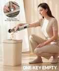 Woman using Slim V10 Ultra Cordless Car Vacuum 4 In 1 Portable Mini Cleaner With 19KPa Suction, emptying contents into trash.
