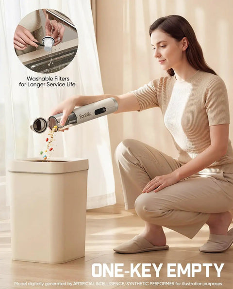 Woman using Slim V10 Ultra Cordless Car Vacuum 4 In 1 Portable Mini Cleaner With 19KPa Suction, emptying contents into trash.