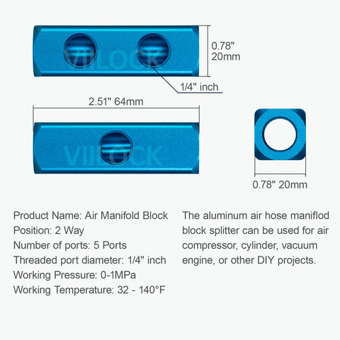 Heavy Duty Aluminum Air Manifold Block Built Tough With Five Ports, Two Way Pneumatic Distribution Fitting For Air Compressors