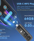 64GB Type C USB MP3 Player With Bluetooth 5.3 Clip On Portable Music Player FM Radio And Voice Recorder For Running And Workouts