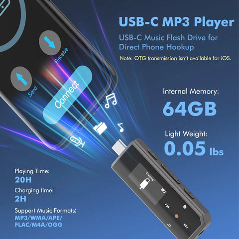 64GB Type C USB MP3 Player With Bluetooth 5.3 Clip On Portable Music Player FM Radio And Voice Recorder For Running And Workouts