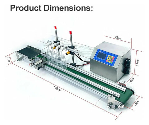 Four Head Liquid Filling Machine With Digital Control And Conveyor Belt Straight Up Reliable Operations showing dimensions and setup with four filling nozzles.