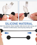 Slick Magnetic Silicone Cable Ties 10 Pack, reusable black ties organizing USB cables, showcasing flexible silicone material.