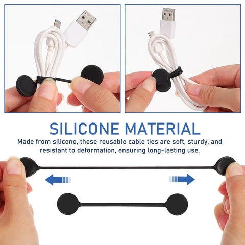 Slick Magnetic Silicone Cable Ties 10 Pack, reusable black ties organizing USB cables, showcasing flexible silicone material.