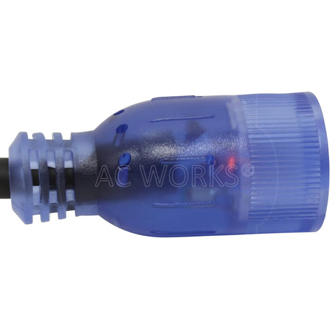 Close-up of lighted plug on Built Tough Heavy Duty 50Ft Extension Cord For Indoor Outdoor Use, 15/20A 125V SJTW 12/3 With Lighted NEMA 5-15P And 5-20P Plugs.