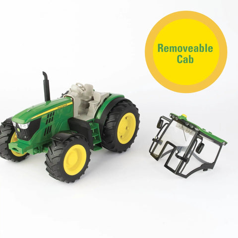 1/16 Scale Big Farm 6210R Tractor With Loader And Spreader Toy Set showing the removable cab for outdoor farm fun.