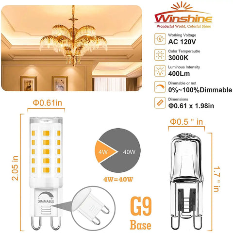 10 Pack Dimmable G9 LED Bulbs 3000K Warm White 4W G9 Base Chandelier Light Bulbs shown with dimensions and comparison to halogen