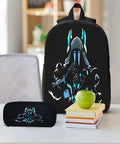 Backpack with graphic design on desk, pencil case beside; three 17 inch daypacks for outdoor camping hiking and travel 3 pack set built for group trips
