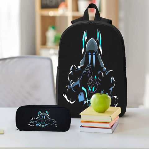 Backpack with graphic design on desk, pencil case beside; three 17 inch daypacks for outdoor camping hiking and travel 3 pack set built for group trips