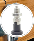 Top Shelf Stainless Steel Indexing Plunger With Easy Grab Nylon Handle And No Hassle Self Locking Design close-up on a workbench.