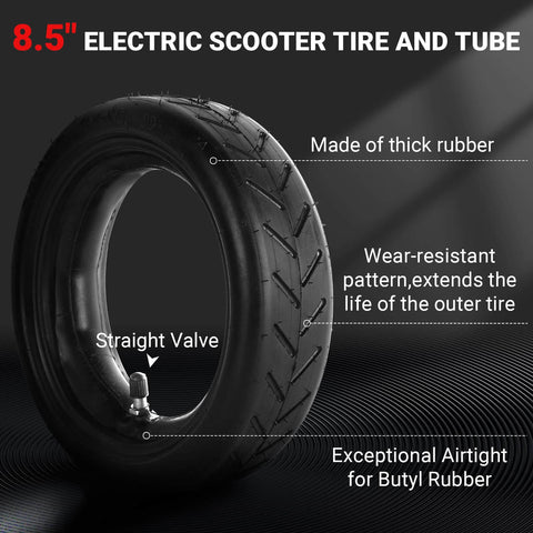 8.5 Inch By 2 Inch Scooter Tire And Inner Tube Set 50/75-6.1 with thick rubber, straight valve, and wear-resistant pattern